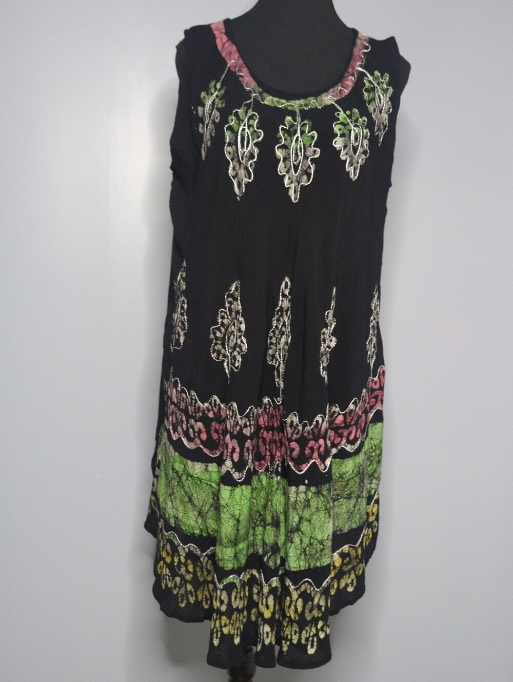 Island Expressions Batik Boho Midi Swing Dress Free Size Black Green Embroidered
